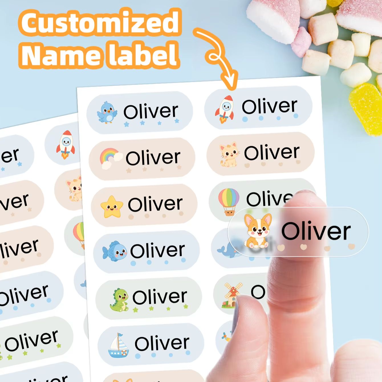 Personalised Candle Label - 1-400PCS Stiker Nama Kartun Kustom, Label